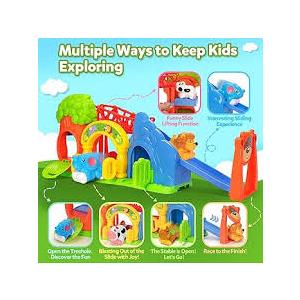 VOpitos Toys for Toddler 1, 2, 3 Year Old Boy and Girl, Zoo Animal Slide Playset with 4 Animal Cars, OpenEnded Interactive Toy for Cultivate Imagination, Gifts for 1218+ Months Kids