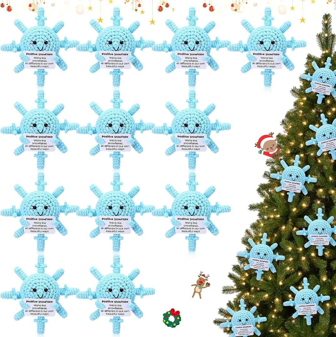 12 Pcs Crochet Teacher Appreciation Gifts Bulk Handmade Crochet Snowflakes with Positive Cards for Women Staff Coworkers Team Birthday Party Favors Stocking Stuffers Office Decor Gifts