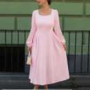 ZESICA Women's Long Sleeve Midi Dresses 2026 Fall Square Neck Swing A Line Wedding Guest Evening Prom Dress (Pink, S)