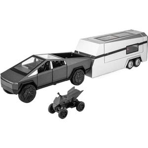 1 24 for Tesla Cyber Truck Pickup Trailer Alloy Car Model Diecast Camper Van Touring Car Model Collectibles Non-Remote App Controlled Toys(Black)