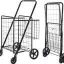 SUPER DEAL Folding Shopping Cart with Wheels and Double Basket for Groceries Laundry Book Luggage Travel, Black