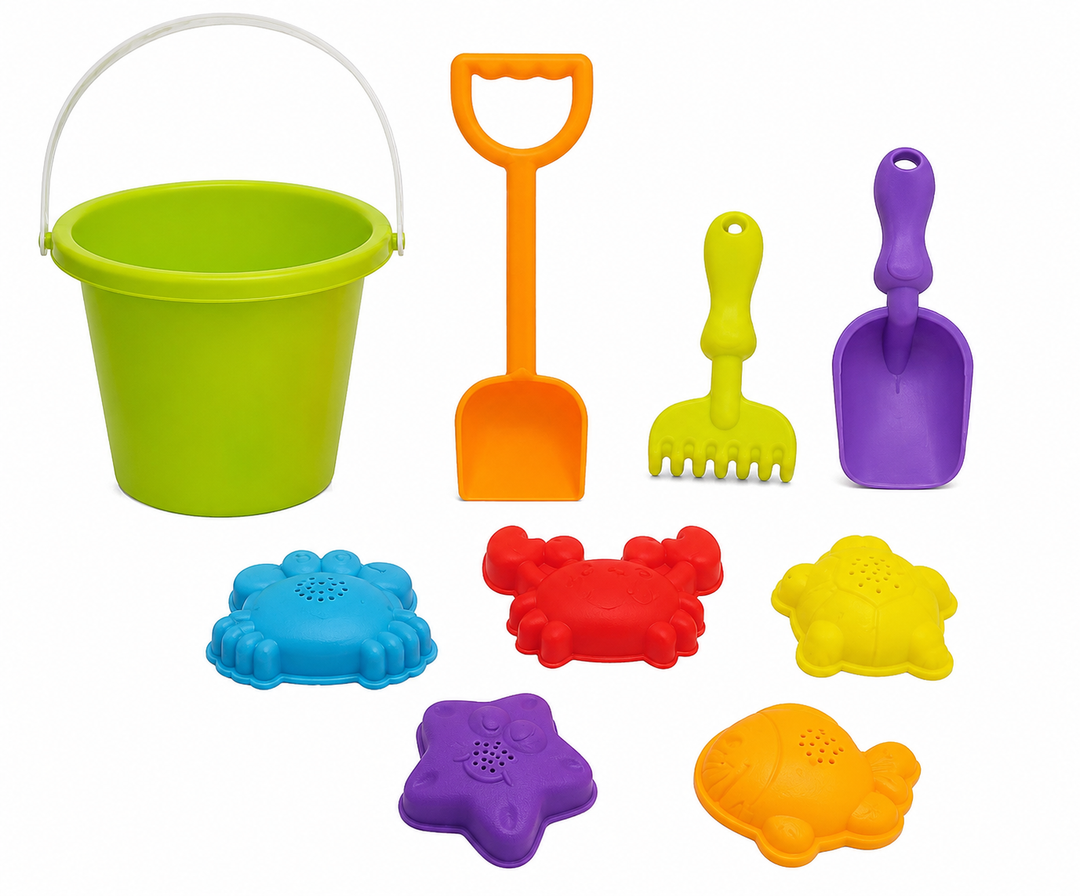 Beach Bucket Toy Set 9pc Set 1 Bucket 2 Shovels 1 Rake 5 Sand Molds