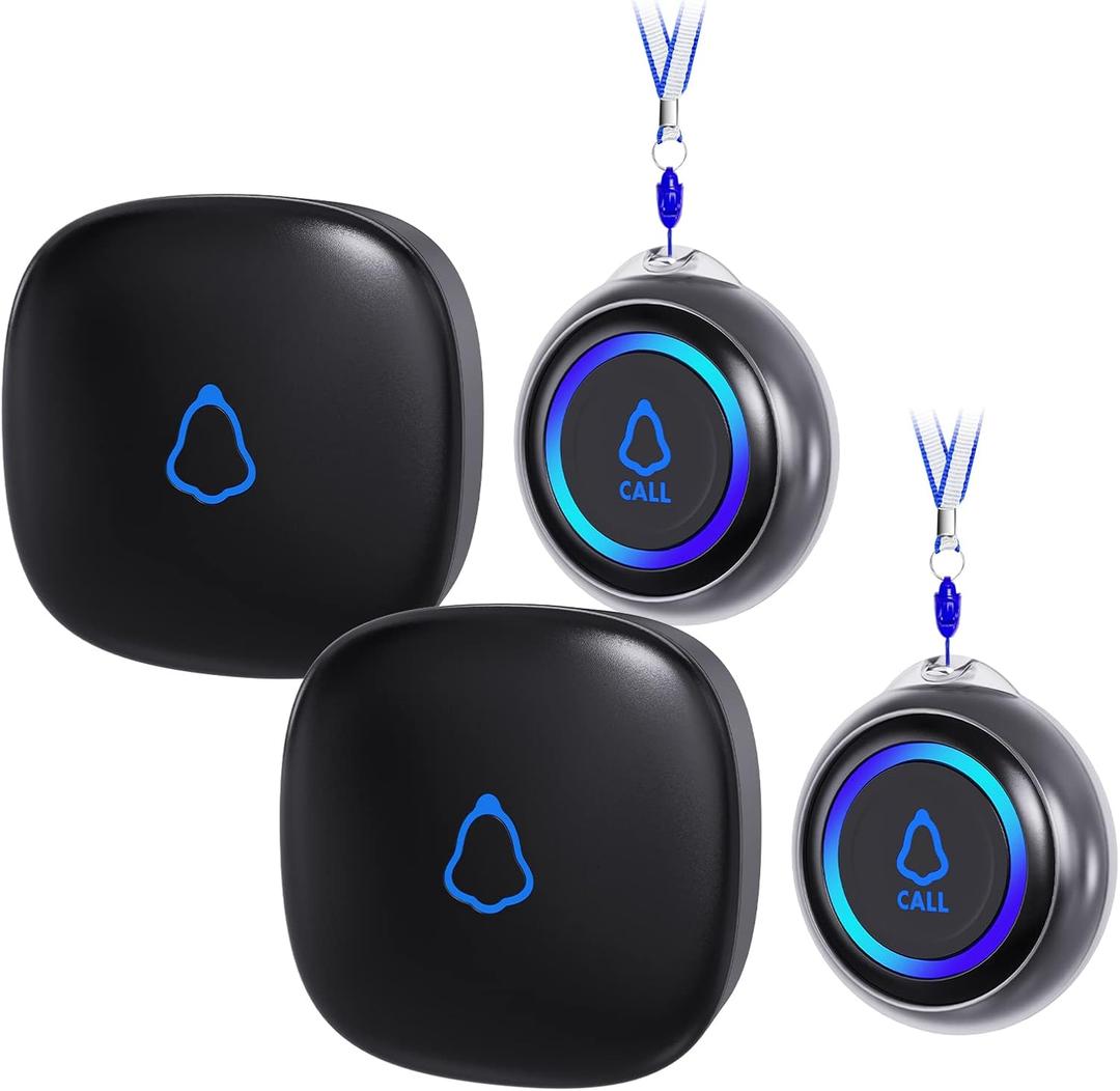 Caregiver Pager, Wireless Call Button for Seniors/Elderly at Home, 2 SOS Buttons + 2 Receivers Medical Life Alert System, Emergency Panic Call Bell, Nurse Calling & Patient Assistance Alarm (Black)