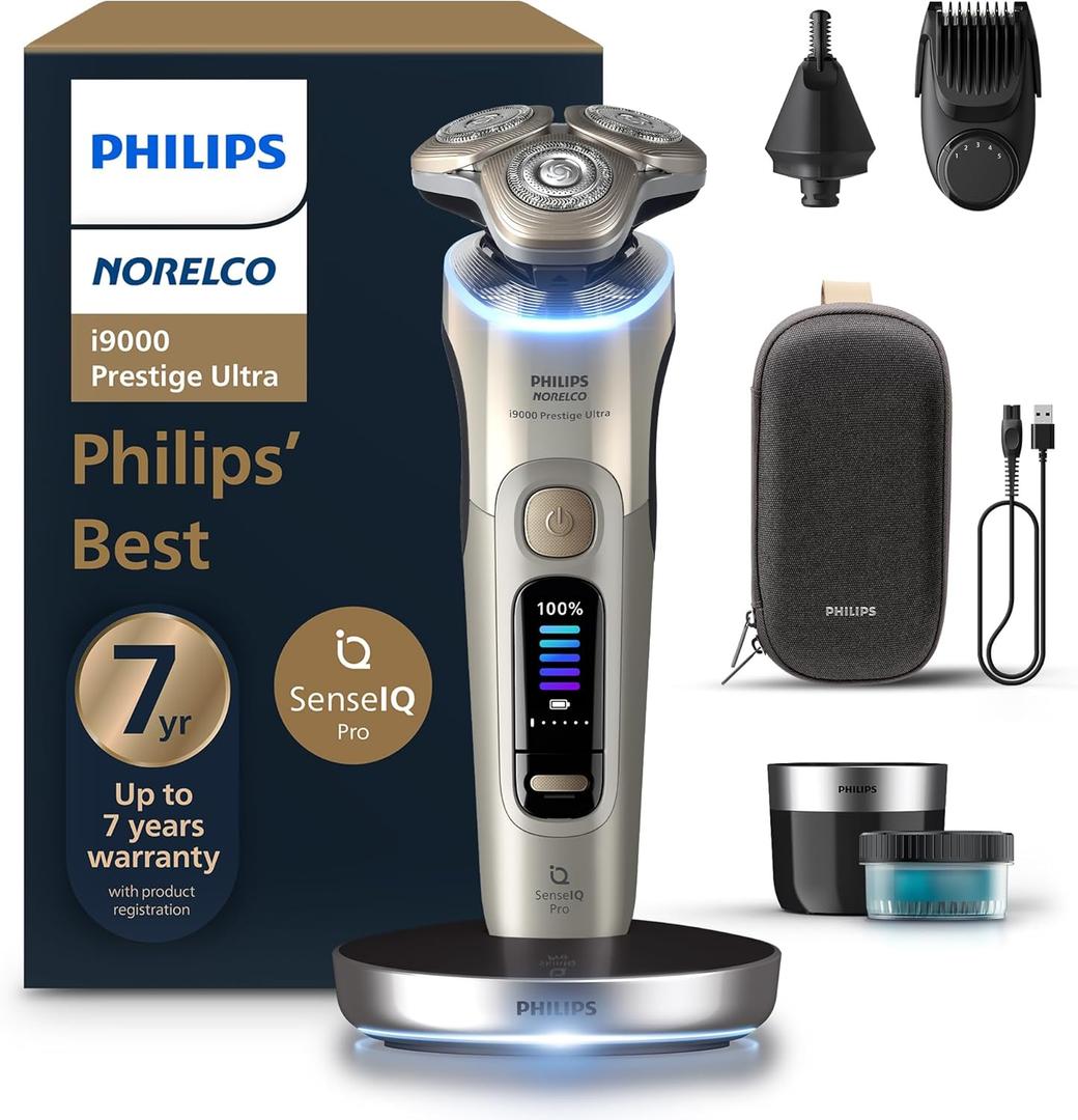 Philips Norelco Shaver i9000 Prestige Ultra, Wet & Dry Electric Shaver, White Gold, SenseIQ Pro Technology, Triple Lift & Cut System, 360 Rotating NanoTech Precision Blades, Beard Styler, XP9403/88 (I9000 Prestige + Charge Stand, Qcp & Trimmers, Black)