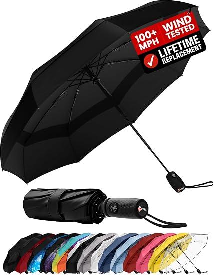 Windproof Travel Umbrella - Compact & Withstands Winds up to 100MPH, Strongest Premium Auto Folding Umbrella for Rain and Sun - Durable, Light & Portable for Women & Men, Fits Backpack & Cars, Black
