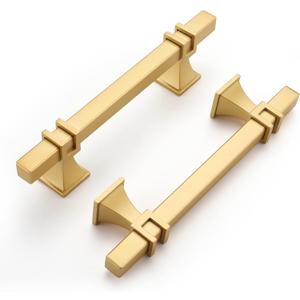 Haliwu 10 Pack Gold Cabinet Pulls, 3-3/4 inch Brushed Brass Kitchen Handles Square Dresser Drawer Hardware