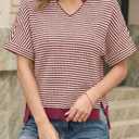 Fisoew Womens Short Sleeve Sweater Summer V Neck Striped Pullover Tops Casual High Low Loose Slit Cropped T Shirts (M)