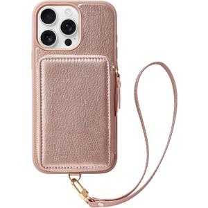 ZVE Wallet Case for iPhone 16 Pro Max, Phone Cover with Card Holder Wrist Strap, RFID Blocking Zipper Leather Cover for iPhone 16 Pro Max, 6.9" -Rose Gold