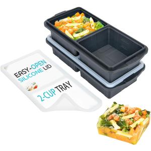 XOMOO Silicone Freezer Tray With Lid-Soup Freezer Container molds-2-cup Extra Large Ice Cube Tray-makes 4 perfect 500ml portions cubes, For freezing soup,stews,sauces.Oven&Dishwasher-Safe(2-Pack) (Gray)