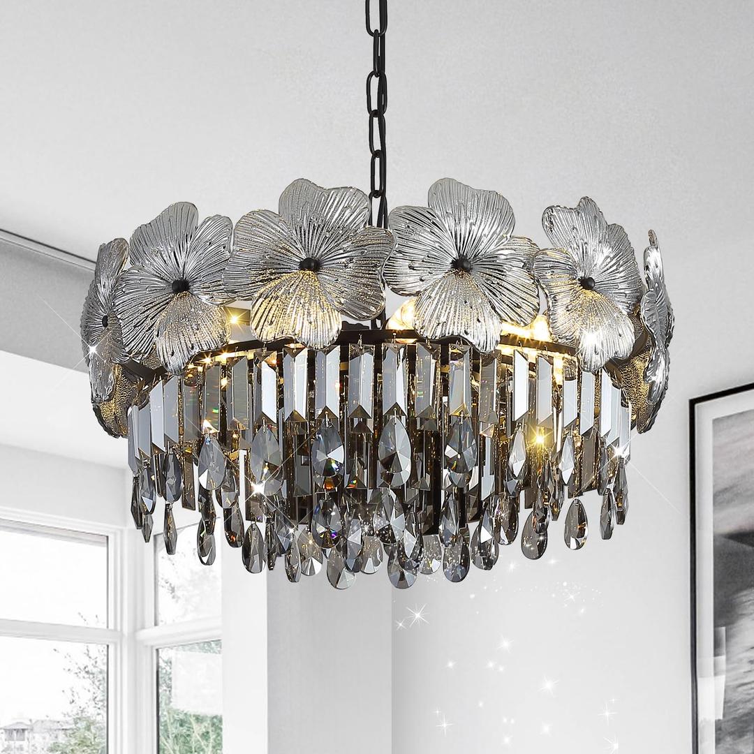 Black Crystal Chandelier for Dining Room 20" Smoke Gray K9 Crystal Pendant Light Flower Drum Chandelier Round Raindrop Hanging Light Fixture Adjustable for Over Dining Table Entryway Living Room