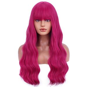BERON 26 Inches Hot Pink Wig Long Curly Wig with Bangs Synthetic Wigs Rose Red Wigs for Women with Hairnet