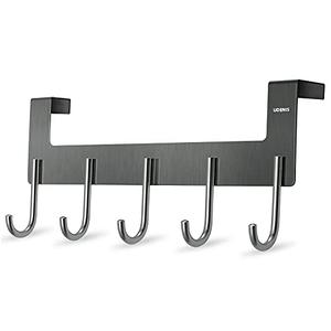 UDENIS Over Door Hanger, Metal Over The Door Hook Rack with 5 Hooks, Towel Rails for Hanging Towel Robe Coat Bathroom Bedroom Grey