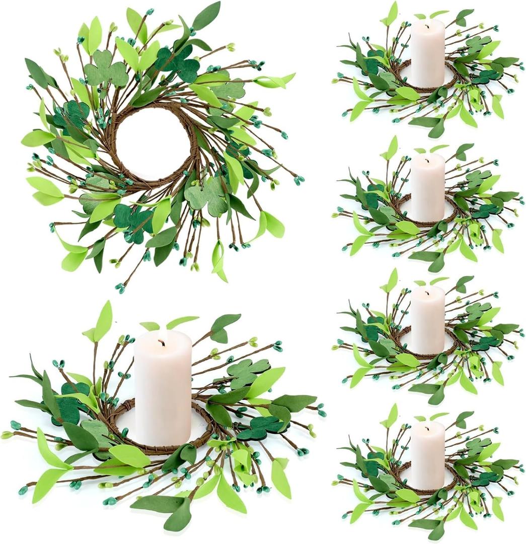 6 PCS St.Patrick's Day Candle Wreath Lucky Artificial Shamrocks Wreath for Front Door St Patrick's Day Kitchen Cabinet Wreaths Pillars Candle Wreaths for Lrish Home Porch Wall Window Decoration