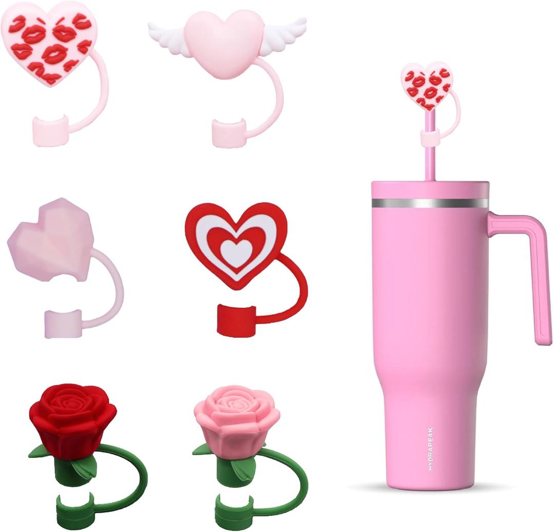 6 Pcs silicone straw covers with heart & rose design, reusable dust toppers for Stanley cups  perfect Mothers Day gift for mom, wife, sister, grandma, or stepmom.