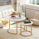 aboxoo Coffee Table Nesting White Set of 2 Side Set Golden Frame Circular Round and Marble Pattern Wooden Tables, Living Room Bedroom Apartment Modern Industrial Simple Nightstand