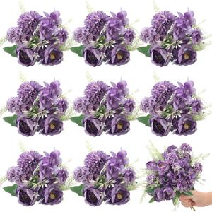Lyrow 8 Pcs Peony Artificial Flowers Fake Silk Hydrangea Bouquet Elegant Peony Flowers for Wedding Decoration Faux Realistic Floral for Home Party Table Centerpieces Arrangement (Purple)