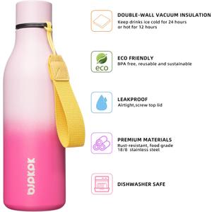BJPKPK Insulated Water Bottles, 18 oz Stainless Steel Metal Water Bottle with Strap, BPA Free Leak Proof Thermos, Mugs, Flasks, Reusable Water Bottle for Sports & Travel, Cherry