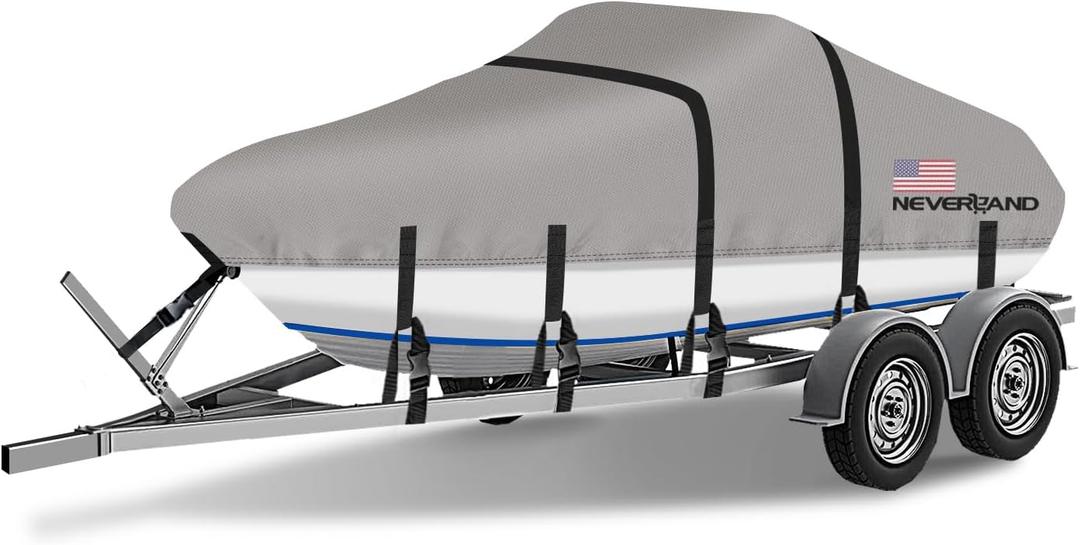 Boat Cover 16-18.5 ft Waterproof Boat Covers Fits Bass, V-Hull and Tri-Hull, Fish & Ski, Runabout Bowrider Boat, 16' 17' 18.5' Foot Heavy Duty Canvas Trailerable Boat Cover Gray (B: 16'-18.5' Long, Beam width up to 94")