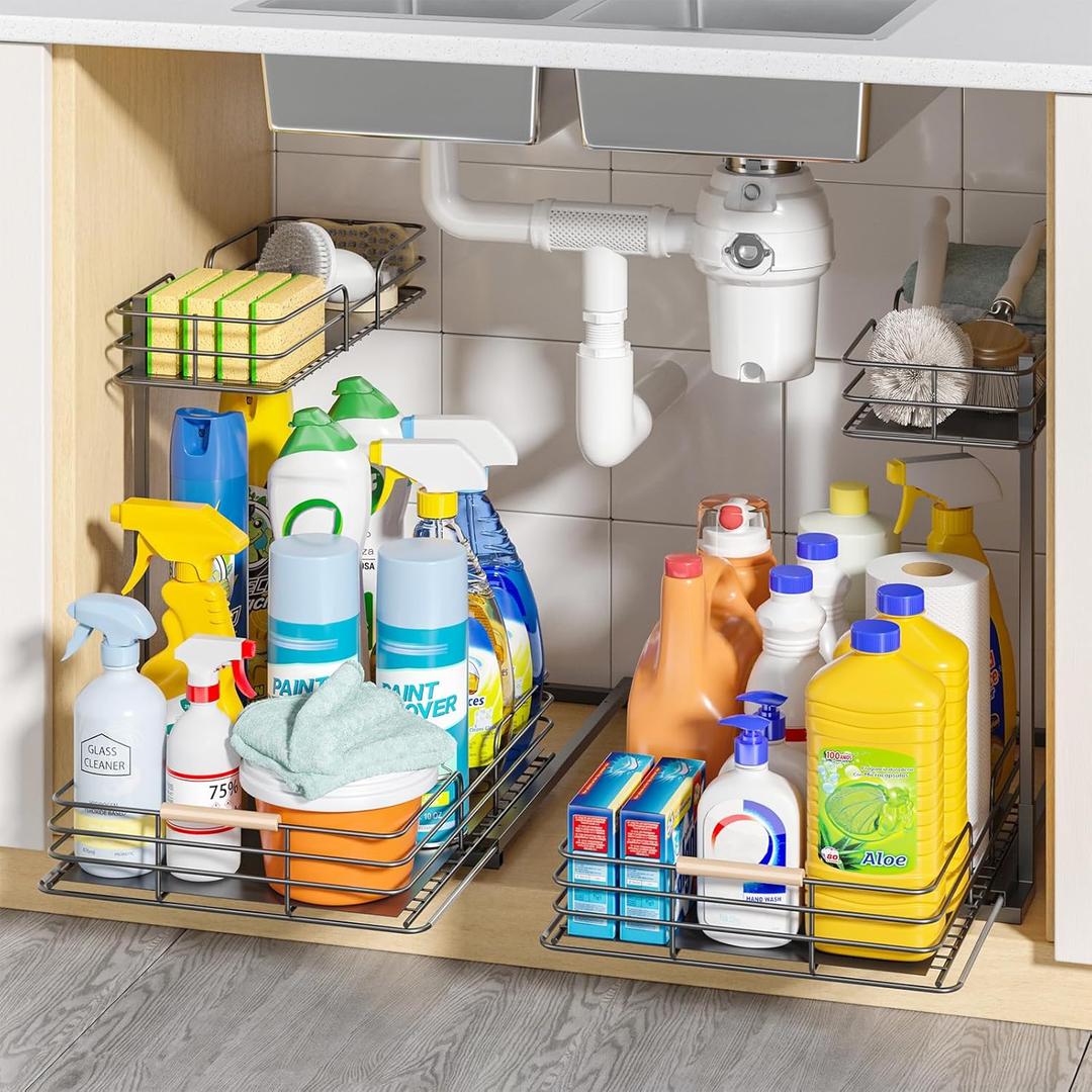 LAMU 2Pack Under Sink Organizers and Storage, 2 Tier Bathroom Kitchen Cabinet Organizers and Storage, Pull Out Under Sink Storage Kitchen Shelf Organizer for Under Counter Storage Organizer (Black)