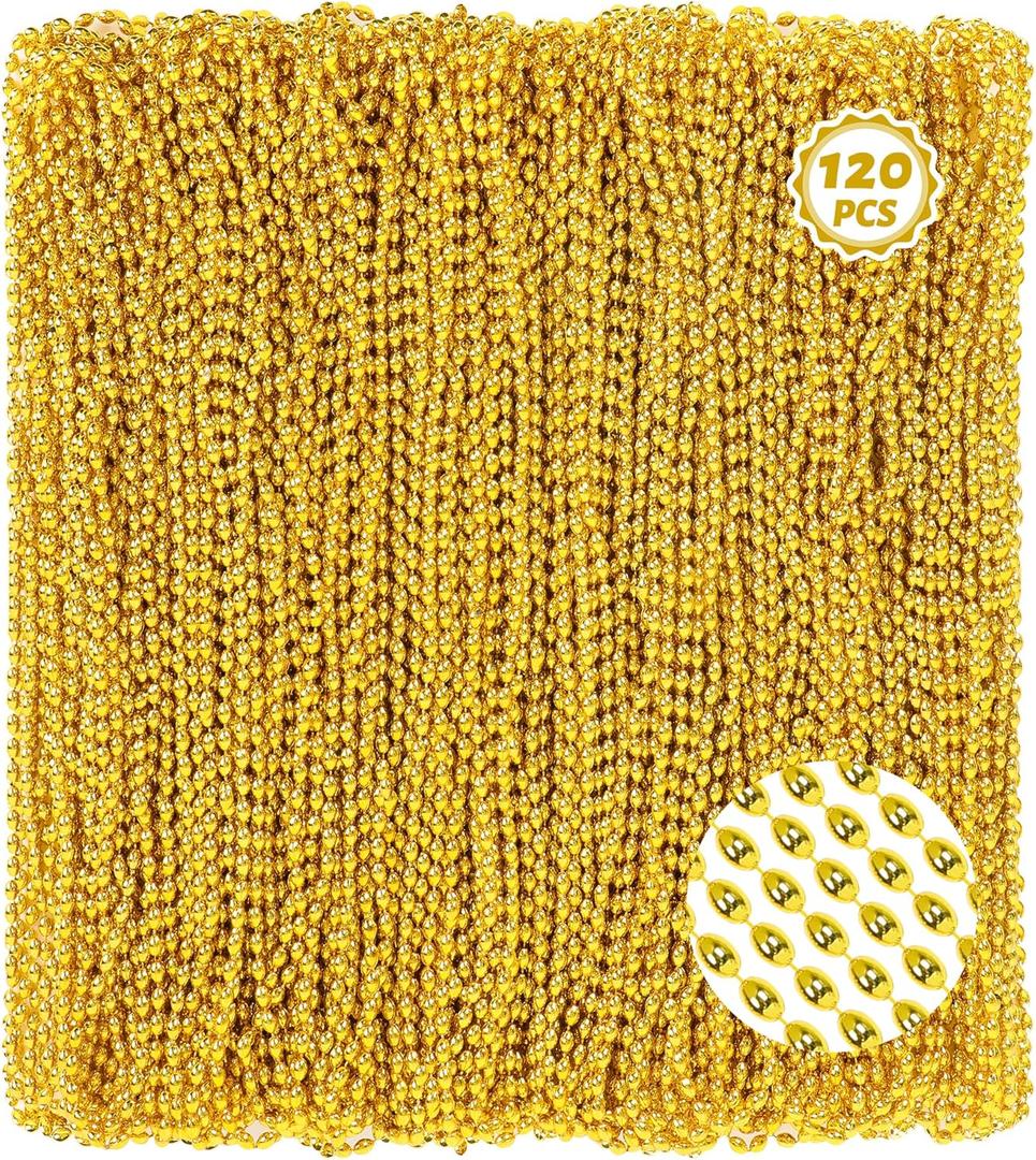 Huskein 120Pcs Gold Mardi Gras Beads Necklaces, 33 Inch Oval Beads Necklaces Gold Accessories, Christmas New Years Eve Party Favors, Mardi Gras Favors New Years Supplies Christmas Decorations