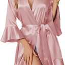 Ekouaer Women's Satin Robe Short Ruffle Hem Silky Robes Lightweight Kimono Brides Bathrobes Sleepwear (Medium, Pink)