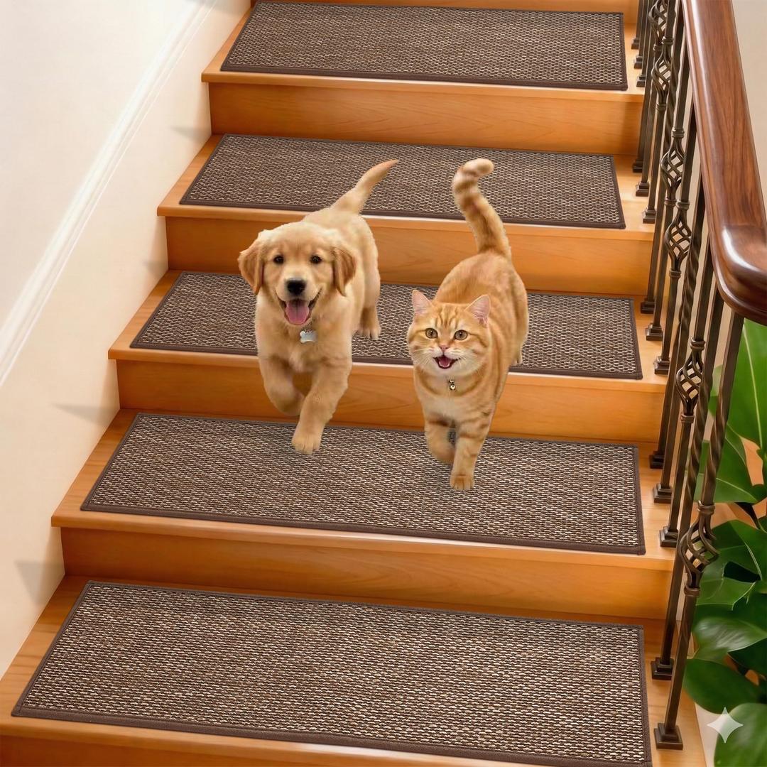 GROWLING Linen Stair Treads for Wooden Steps Indoor 36x9 inch,7pcs Upgraded Self Adhesive Backing Non Slip Stair Carpets, Peel and Stick Stair Runner Rugs, Reusable Staircase Step Treads(Brown)