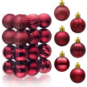 JOIEDOMI 24 Pcs Burgundy Red Christmas Balls Ornaments Set, 1.6" Small Shatterproof Christmas Tree Ornaments, Xmas Hanging Balls Decorations for Tree Wreath Garland Holiday Wedding Party Indoor Decor