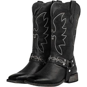 SheSole Women's Buckle Strap Wide Calf Cowboy Boots Square Toe Western Cowgirl Boots (Black) US 7
