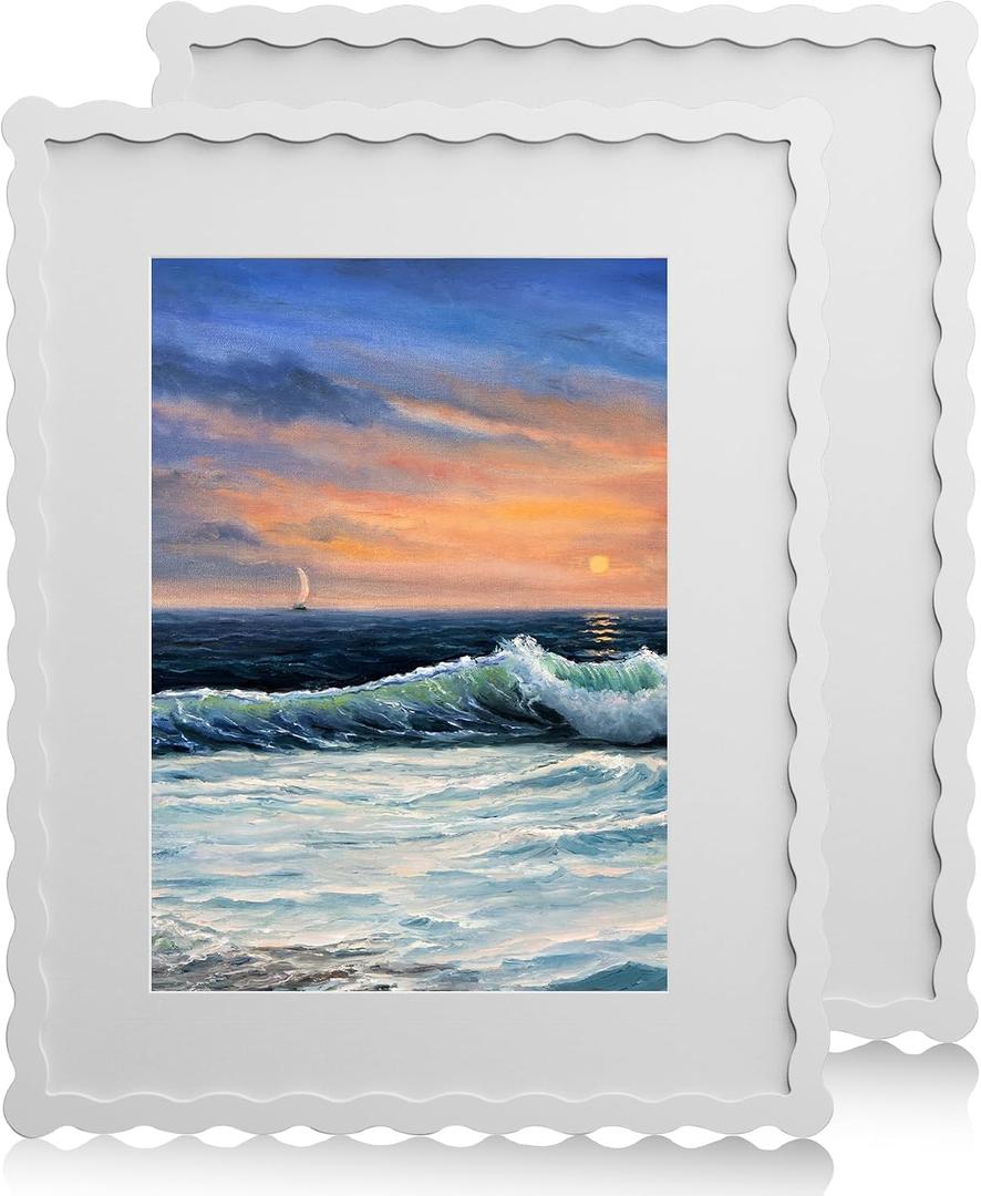 11x14 Wavy Picture Frame With Mat For 8x10, Wavy Edge Wooden Picture Frame with Real Glass - Wall Mount Display, White, 2 Pack