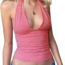 Womens Halter Neck Sexy Lace Trim Camisole Tank Tops Y2k Slim Fit Corset Going Out Streetwear Cami Crop Tops (Small, Gingham Pink Red)