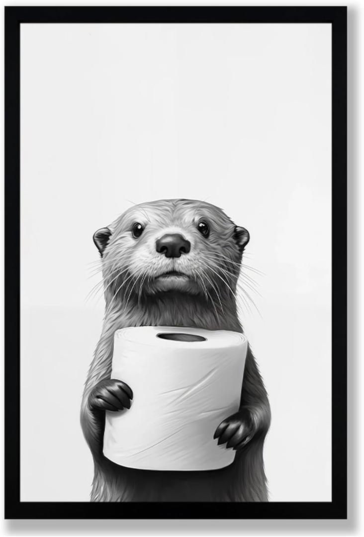 Framed Black and White Bathroom Canvas Wall Art, Funny Animal Bathroom Decor Cute Otter Holding A Roll of Toilet Paper Picture Modern Humor Painting Wall Decor Ready to Hang 24'' x 16''