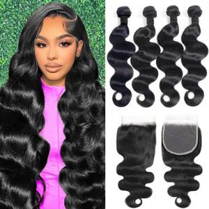 12A Human Hair Bundles with Closure 14 16 18 20+12 Inch Body Wave 4 Bundles Human Hair with 5x5 HD Lace Closure Brazilian Unprocessed Virgin Human Hair