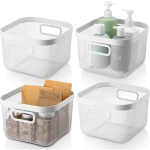 4 Pack Metal Mesh Basket with Hollow Handles 9.6 x 9.6x 6.9 Inch Wire Storage Bin for Organizing Stackable Metal Fine Mesh Basket for Pantry Kitchen Bathroom Cabinets Shelves (White)