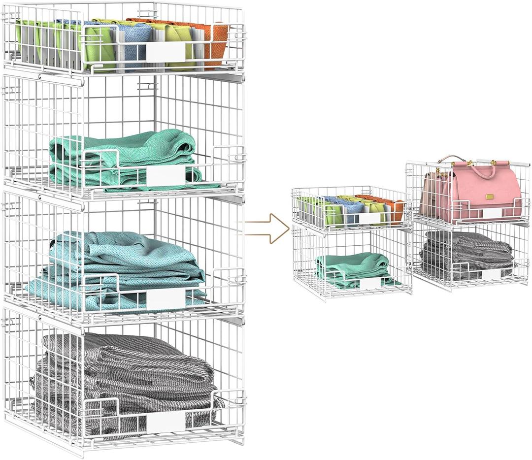 4 Pack Sliding Closet Organizers and Storage, Stackable Closet Storage Shelves, Pull Out Clothes Storage Organizer Baskets/Containers/Drawers with Dividers for Wardrobe (White-Sturdy Wire Metal Frame)