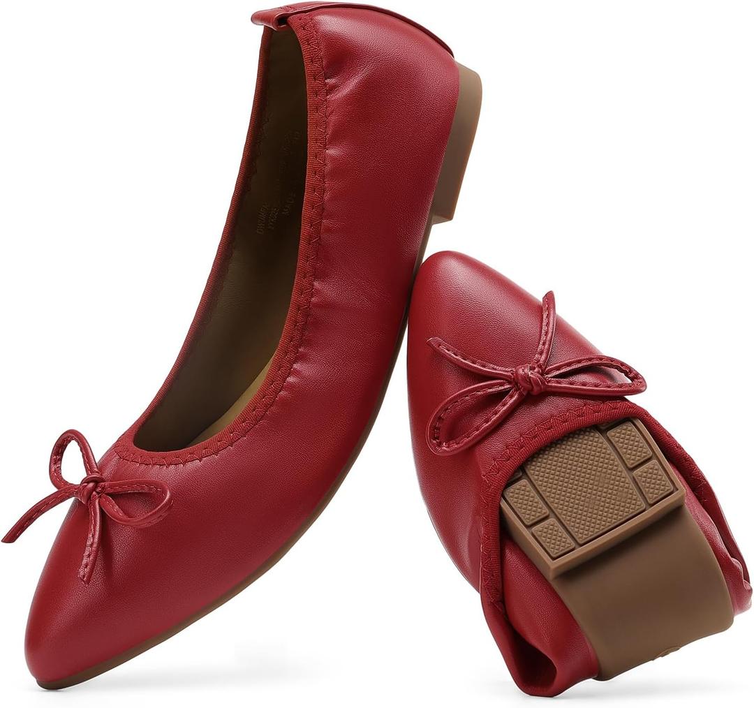 DREAM PAIRS Women's Foldable Flats Shoes Pointed Toe Ballet Flats Bowknot Comfort Slip on Dress Shoes (7.5, Red)