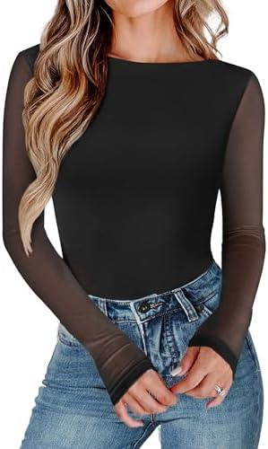Avidlove Women Long Sleeve Body Suits Mesh Boat Neck Shapewear Bodysuit Crew Neck Leotards Going Out Tops Fall Outfits 2XL