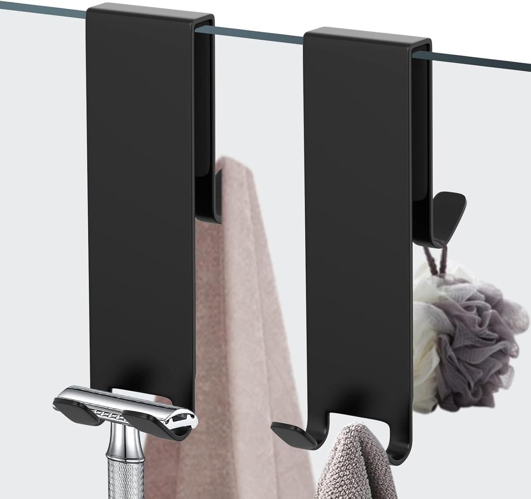 Shower Door Hook, Extended Length Double-Sided Hook for Frameless Shower Doors (7 Inch), Heavy-Duty Stainless Steel Hook for Bathrobes and Towels, No Drilling or Adhesive Required, 2-Pack, Black