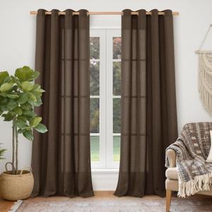 YoungsTex Brown Curtains 84 Inch Length for Living Room, Dark Chocolate Linen Semi Sheer Drapes with Bronze Grommet Light Filtering for Bedroom Window, 2 Panels 52 x 84 Inch