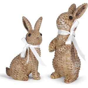 Rattan Effect Resin Bunny Easter Decor,Table Rabbit Easter Decorations,Spring Bunnies Decoration Statue Figurine for Home Farmhouse (Brown, Small-Pair)