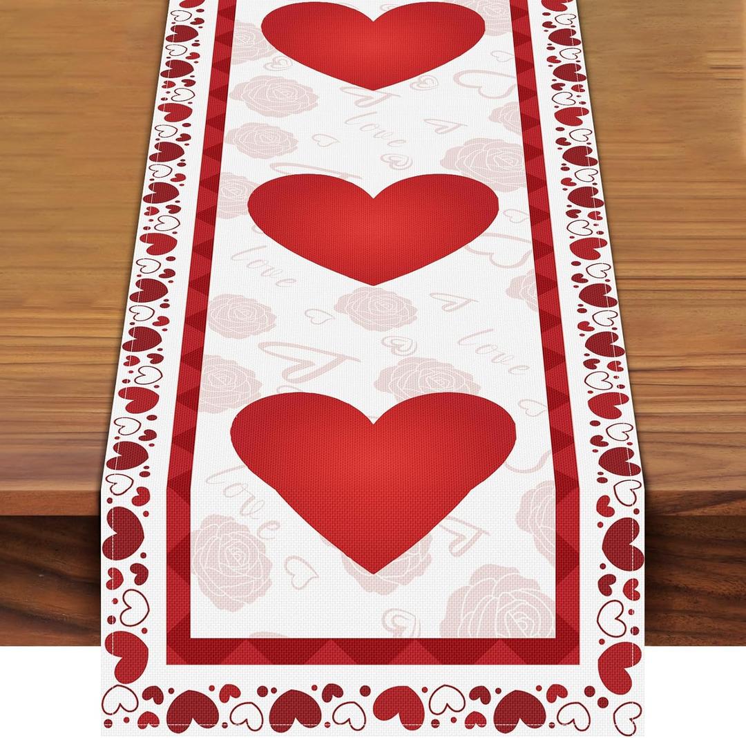 Valentine's Day Heart Table Runner 72 x 13 Inch Decorations, Red Linen Burlap Hearts Pattern Table Cover for Romantic Special Night, Anniversaries, Engagement, Kitchen Dining Fireplace Mantel Decor