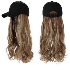 Wig Cap Long Wavy Synthetic Wig Baseball Cap with Hair extensions Hat Wigs Bone Natural Black Connect Wig Adjustable for women Hair Extension Cap(1)