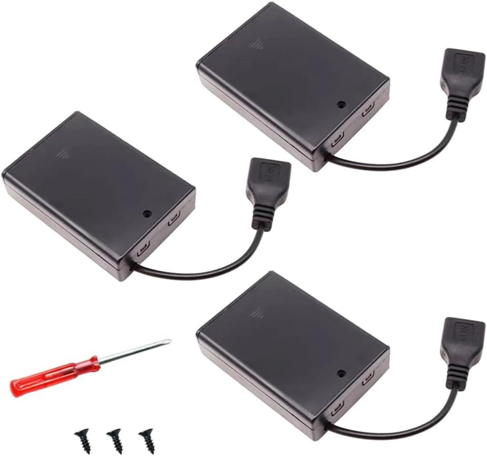 (Pack of 3) USB 3 AA Battery Holder,USB Battery Holder 5V Black with Switch,USB Cable,3 AA Battery Holder with Micro USB Connector
