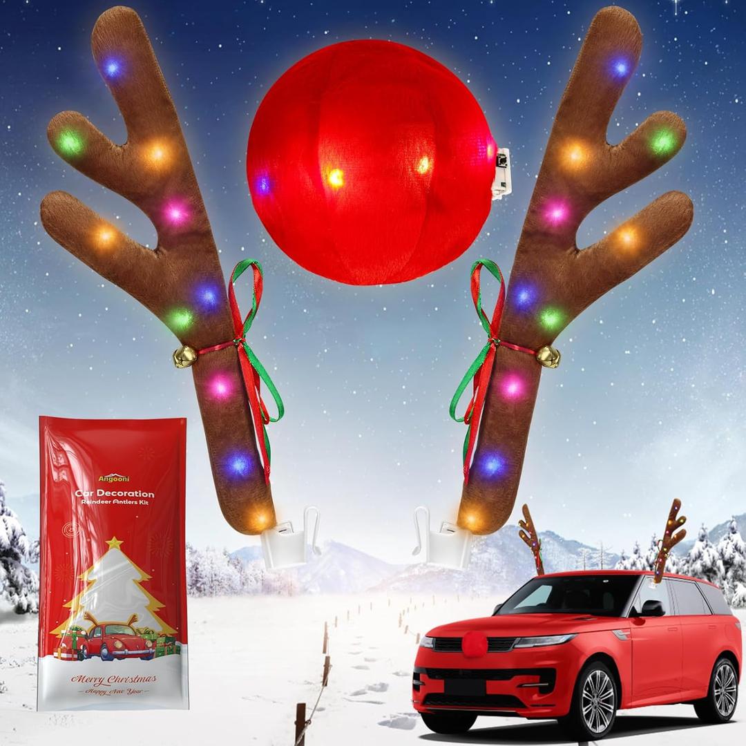 Charming Christmas Car Decoration, Festive Reindeer Car Kit, Reindeer Antlers & Nose, Christmas Lights for Cars, Nice Gift for Families & Friends, Suitable for Jeeps, Trucks, Golf Carts...