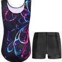 Nymphperi Gymnastics Leotards for Girls Size 6-7 Years Old Sparkly Color Lines Set with Matching Shorts