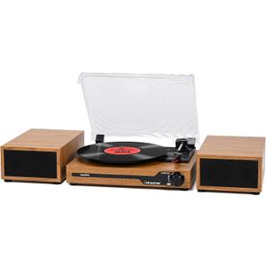 Vinyl Record Player with External Speakers BT 5.3 Wireless Turntable Portable with 3 Speed USB Vintage Wooden Golden