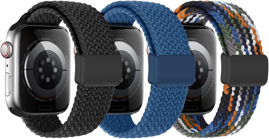 OWKEY Braided Solo Loop Compatible with Kids Apple Watch Band, Stretchy Breathable Strap with Easy Buckle for iWatch Series 9 8 7 6 5 4 3 SE SE2 Girls Boys Small Wrists (Black/Blue/Jeans), Size: 38/40/41mm
