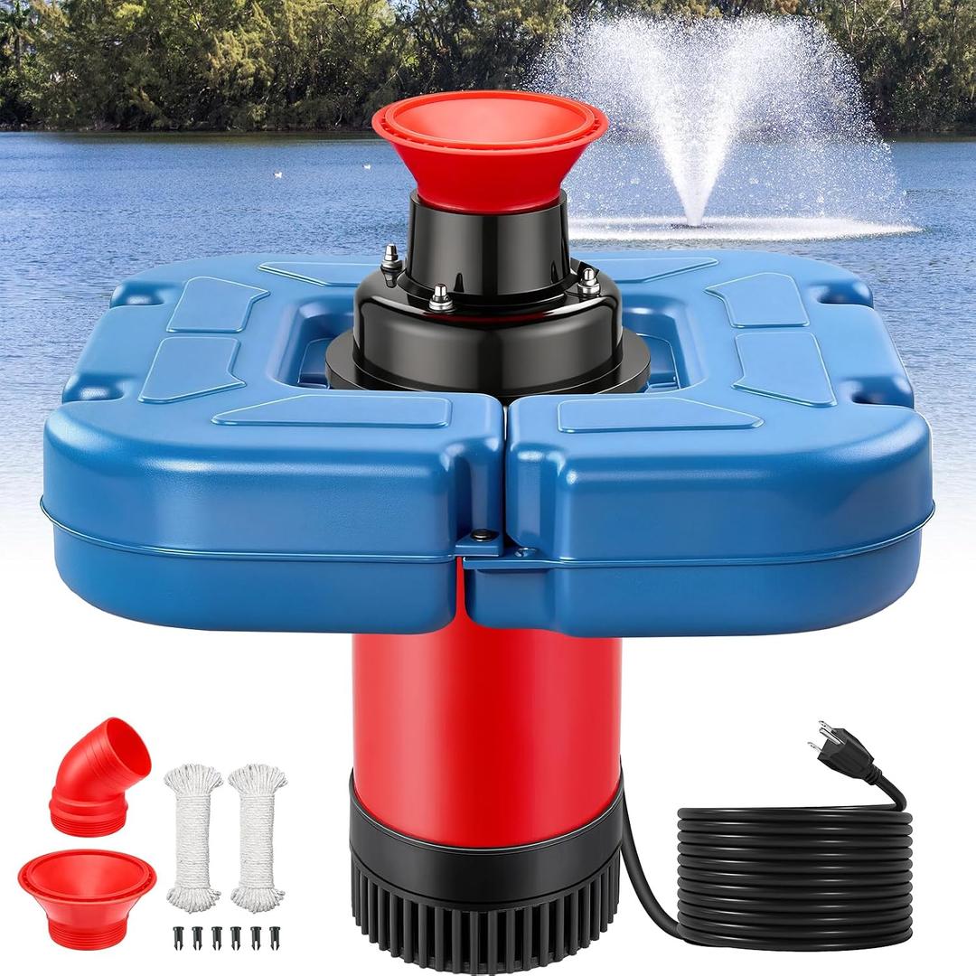 SURAIELEC Pond Fountain Aerator with Larger Floater, 1HP 15000 GPH Fully Automatic Floating Aerating Pump for Outdoor Ponds, Lakes, 2 Nozzles, 100 FT Power Cord, 2x100 FT Guide Ropes