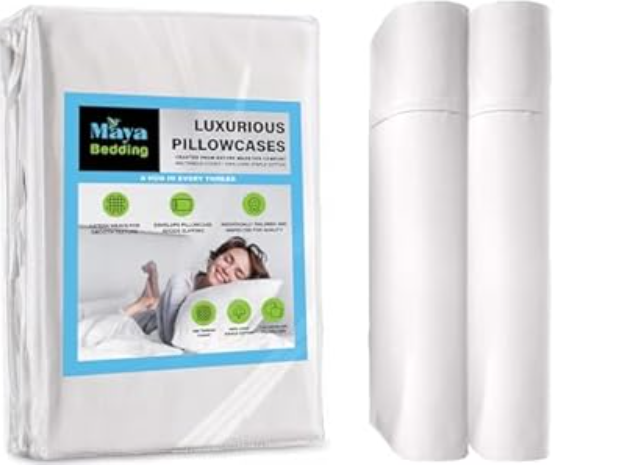Maya Bedding Standard Size Pillowcase Set – Bright White, 400 Thread Count, 100% Cotton Sateen – Soft, Cooling & Breathable – Set of 2 Envelope Closure Pillow Covers