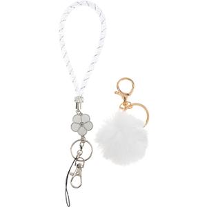 2 x Fashion 8" Handmade Crystal Wristlet Lanyard,Premium Bling Keychain Lanyard,Waterproof Plush Ball Rhinestone Waist Lanyard For Women(1 Clear)