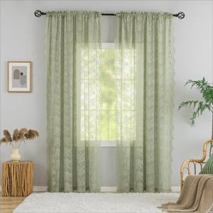 Sage Green Curtains 84 Inch Length 2 Panels Set Vintage Floral Lace Sheer Voile Window Curtains/Drapes for Bedroom Living Room Kitchen Hallway Rod Pocket Spring Summer Boho Decor 52Wx84L Sage Green